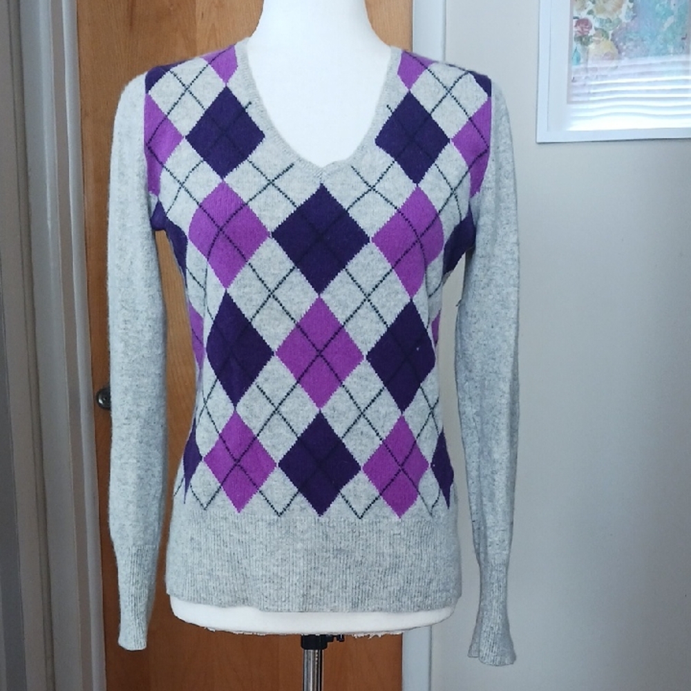 Apt 9 Sweater Cashmere Vneck Long Sleeve Argyle Gray Violet Purlple Sz M